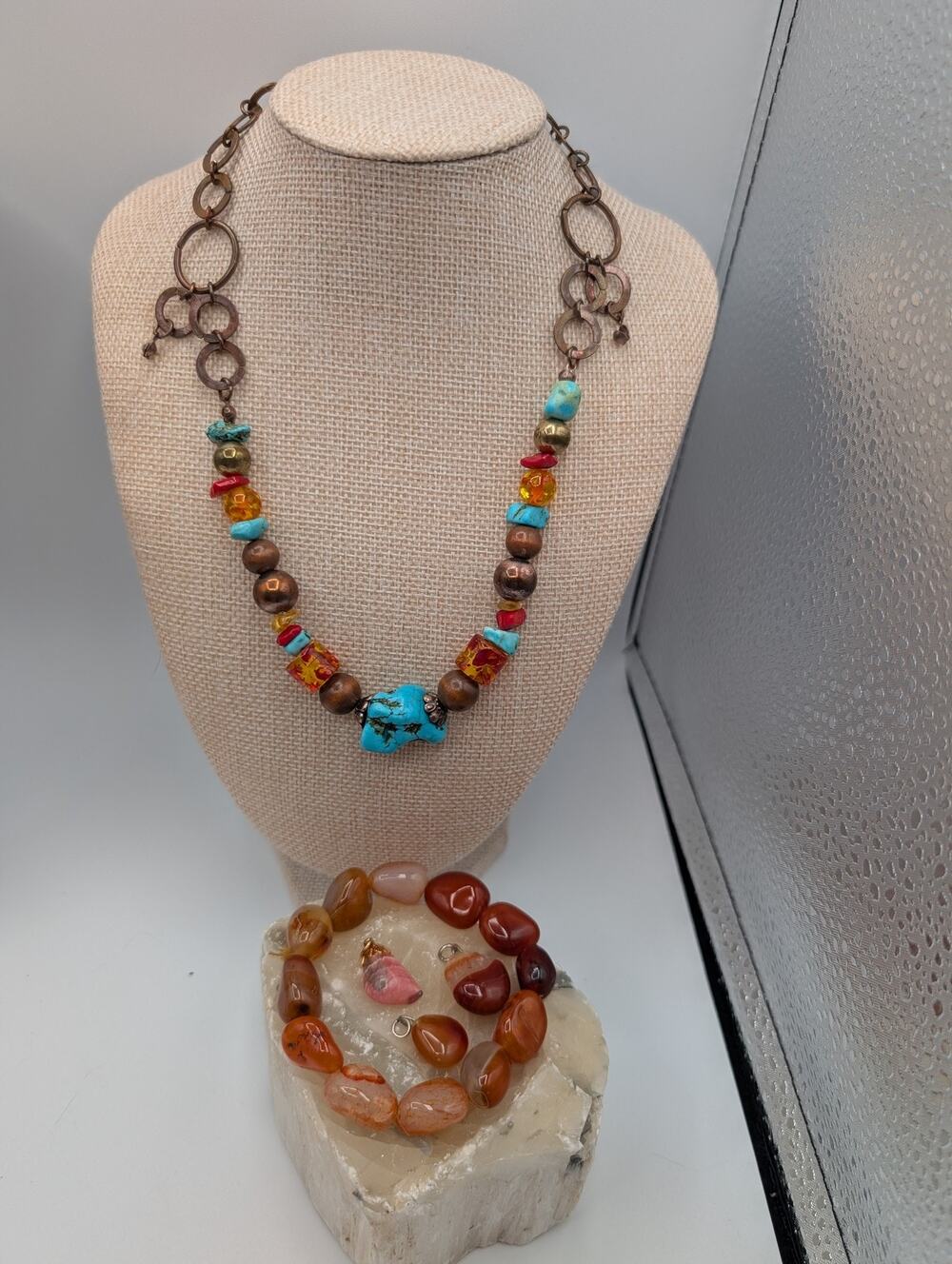 Artisan Handcrafted Copper Turq Carnelian Agate Beaded Necklace Bracelet Set
